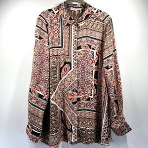 Rose + Olive‎ Blouse XL Colorful Button Up Paisley Long Sleeve Side Slits Tunic